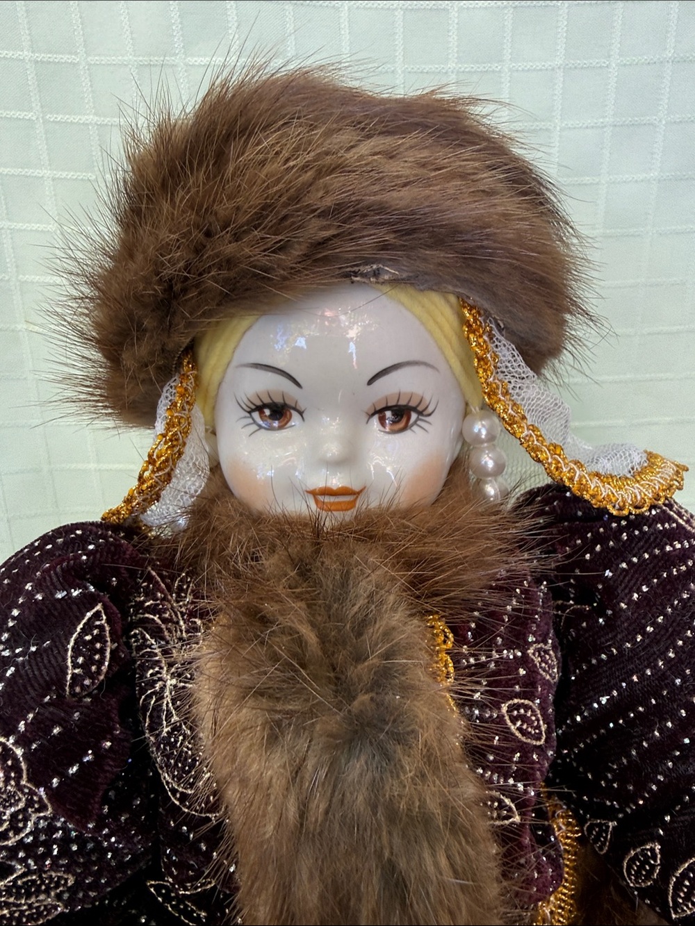 Vintage Doll with Porcelain Face in Burgundy Velvet Costume Coat with Fur Trim